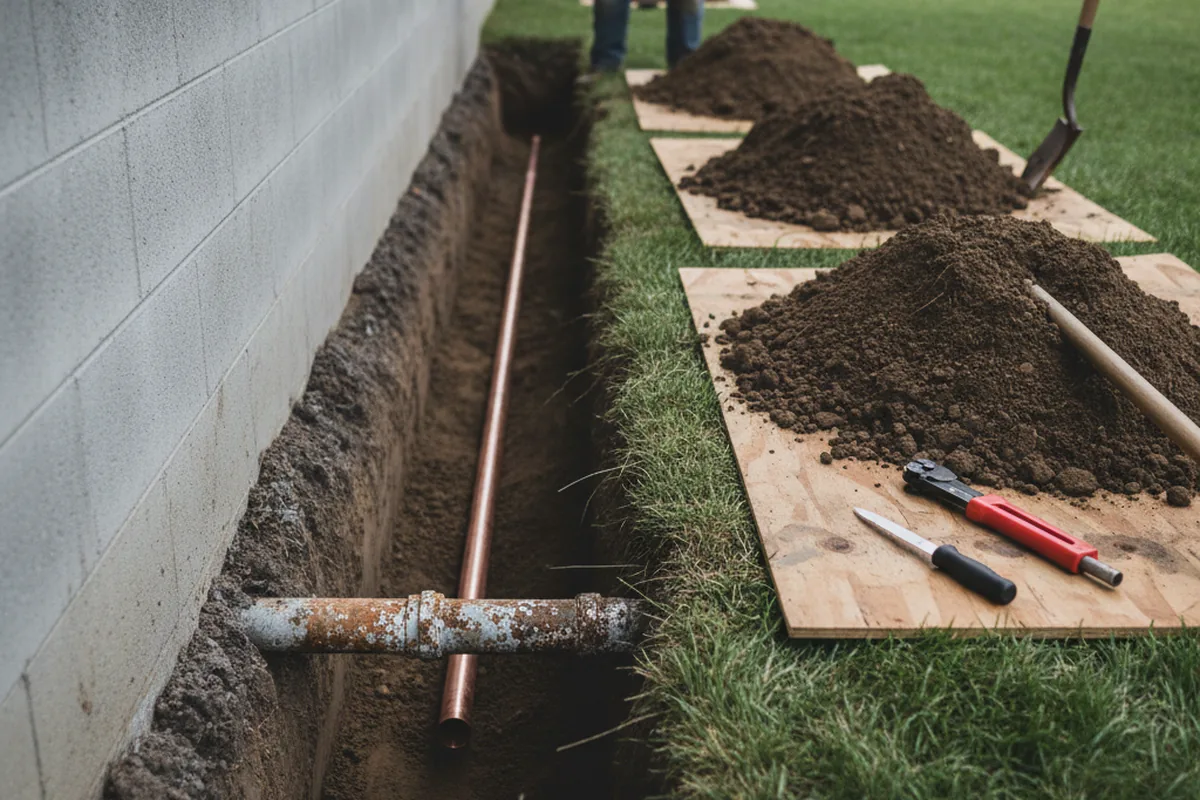 Excavated water line trench during Water Heater Repair in Greensboro